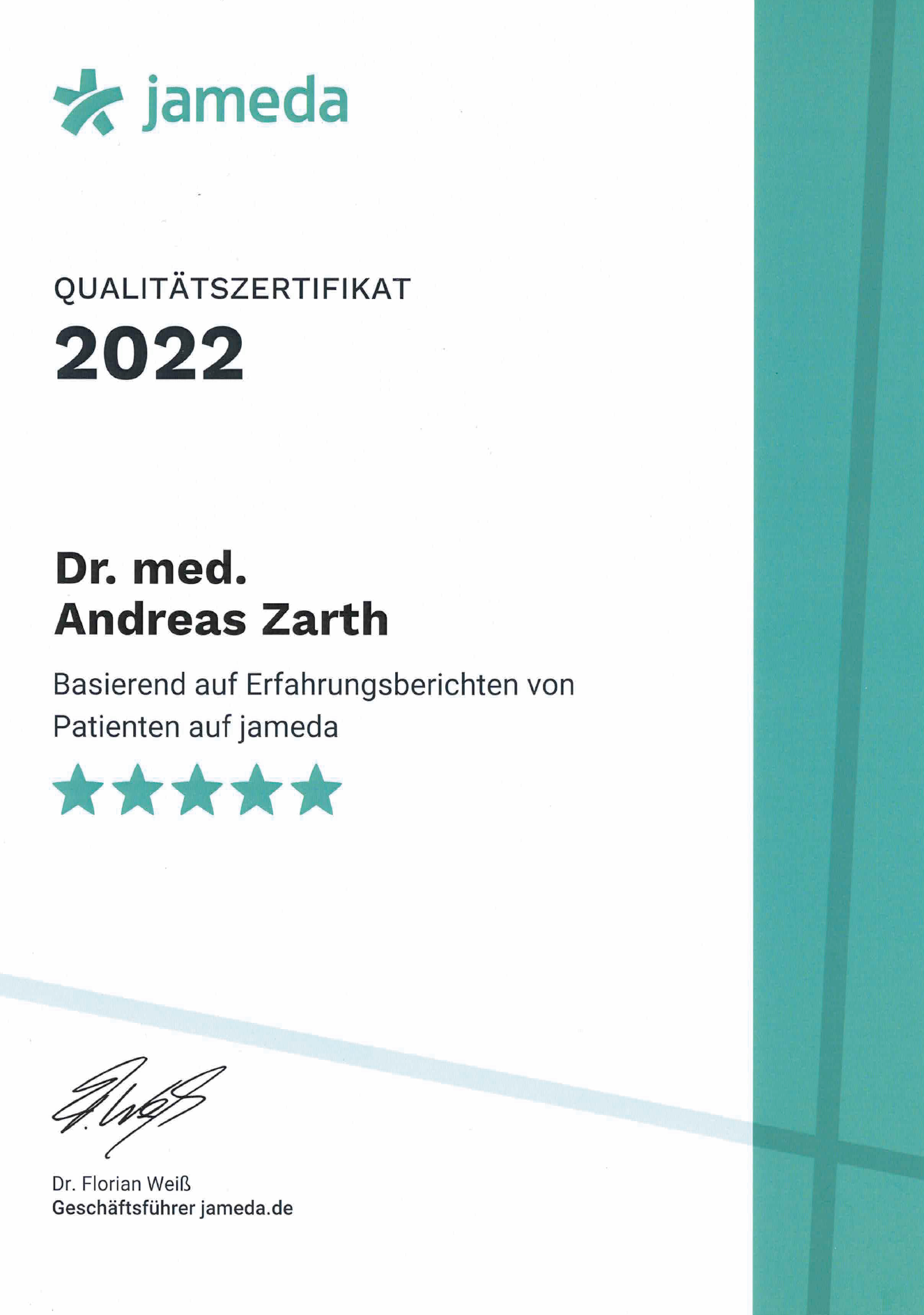 Jameda Zertifikat Dr Zarth - Dr. Zarth